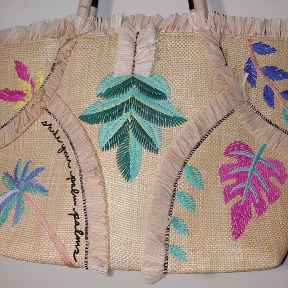 Stella & Dot Embroidered Palm Straw Fringed Tote With Rope Handles - Picture 3 of 13